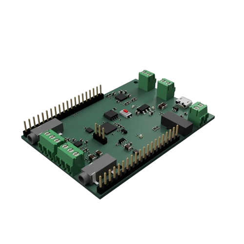 DS-Pi audio DSP board with RP2040 microcontroller, TLV320AIC3254 audio codec, MAX97220 headphone amplifier, and 3.5mm audio jacks for guitar effects processing
